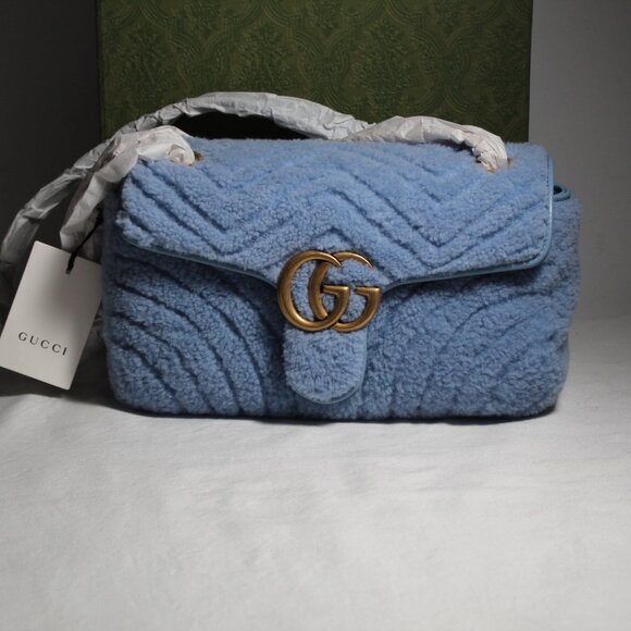 NWT Gucci GG Marmont Blue Shearling Fur Small Shoulder Bag Flap 443497 - Picture 1 of 9